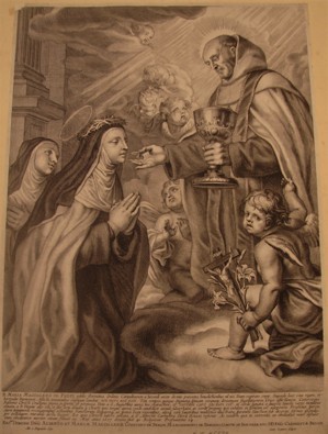 Van Diepenbeeck, Abraham (diseñador), Lauwers, Conrad (grabador). Comunión de santa María Magdalena de Pazzi a manos de san Alberto Carmelitano. Hacia 1650. Talla dulce (310×444 mm)