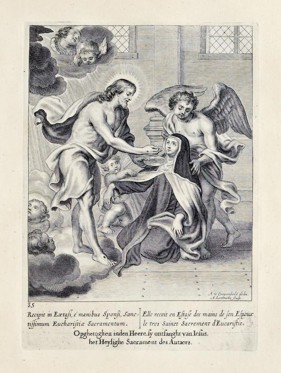 Van Diepenbeeck, Abraham (diseñador), Lommelin, Adriaan (grabador). Comunión de santa María Magdalena de Pazzi a manos de Cristo. Serie Vita Seraphicæ Virginis Sanctæ Mariæ Magdalenæ de Pazzis florentiniæ, Amberes, 1669. Getty Library, Special Collections,