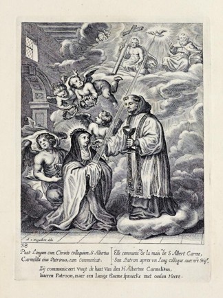 Van Diepenbeeck, Abraham (diseñador), Lommelin, Adriaan (grabador). Santa María Magdalena de Pazzi recibiendo la Comunión de san Alberto Carmelitano. En Vita Seraphicæ Virginis Sanctæ Mariæ Magdalenæ de Pazzis florentiniæ, Amberes, 1669. Getty Library, Special Collections, 92-B21340.