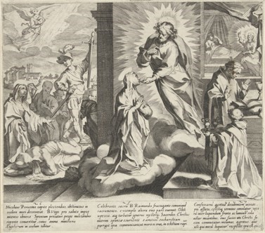 Vanni, Francesco (diseñador), Jode, Pieter de (grabador). Comunión de santa Catalina de Siena a manos de Cristo. Serie de la Vida de Santa Catalina de Siena, 1597. Rijksmuseum, RP-P-OB-7722.