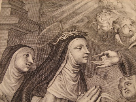 Van Diepenbeeck, Abraham (diseñador), Lauwers, Conrad (grabador). Comunión de santa María Magdalena de Pazzi a manos de san Alberto Carmelitano. (Detalle del rostro de santa María Magdalena de Pazzi).