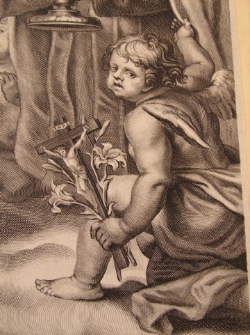 Van Diepenbeeck, Abraham (diseñador), Lauwers, Conrad (grabador). Comunión de santa María Magdalena de Pazzi a manos de san Alberto Carmelitano. (Detalle del querubín con la cruz y las varas de lirios).