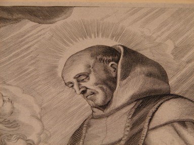 Van Diepenbeeck, Abraham (diseñador), Lauwers, Conrad (grabador). Comunión de santa María Magdalena de Pazzi a manos de san Alberto Carmelitano. (Detalle del rostro de san Alberto Carmelitano).