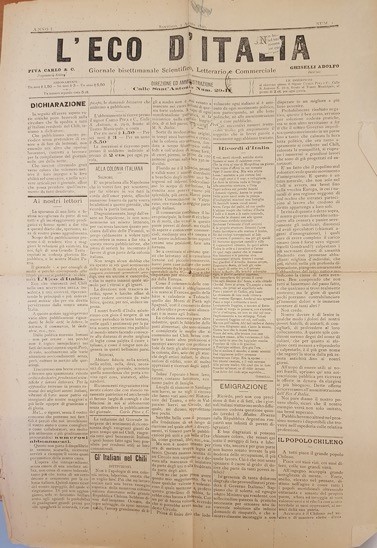 Portada de L'Eco d'Italia, Santiago, n. 1, 3 de agosto de 1890