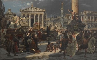 Prospero Piatti, Los funerales de Julio César, 1899, Óleo sobre tela, 196x308cm, Expuesta en la Hemeroteca de la Biblioteca Nacional de Santiago de Chile