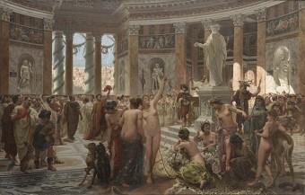 Prospero Piatti, Cato Floralia reliquit, 1900, Óleo sobre tela, 196x308cm, Expuesta en la Hemeroteca de la Biblioteca Nacional de Santiago de Chile