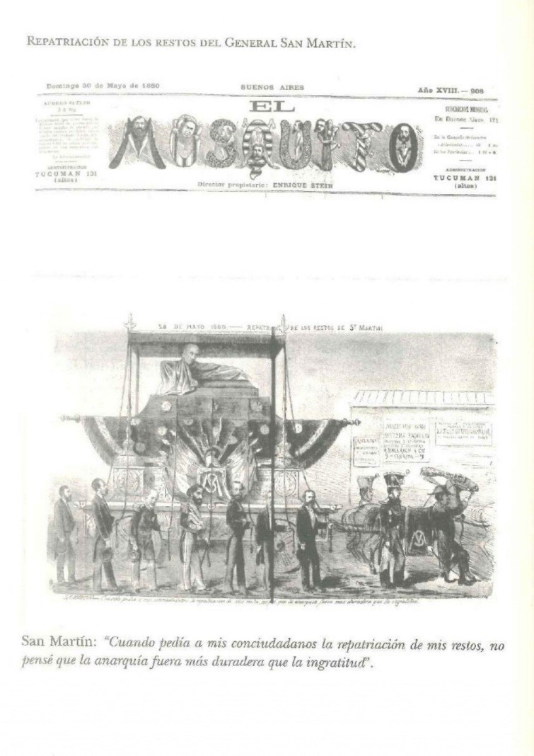 Caricatura del funeral de José de San Martín por El Mosquito el 30 de mayo de 1880.[36]