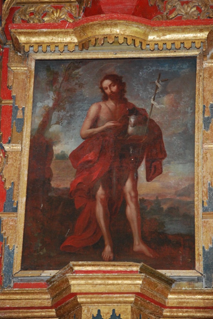 San Juan Bautista. Pintura al óleo, atribuida a Miguel Cabrera, s. XVIII. Retablo mayor, Tecoh. 2015