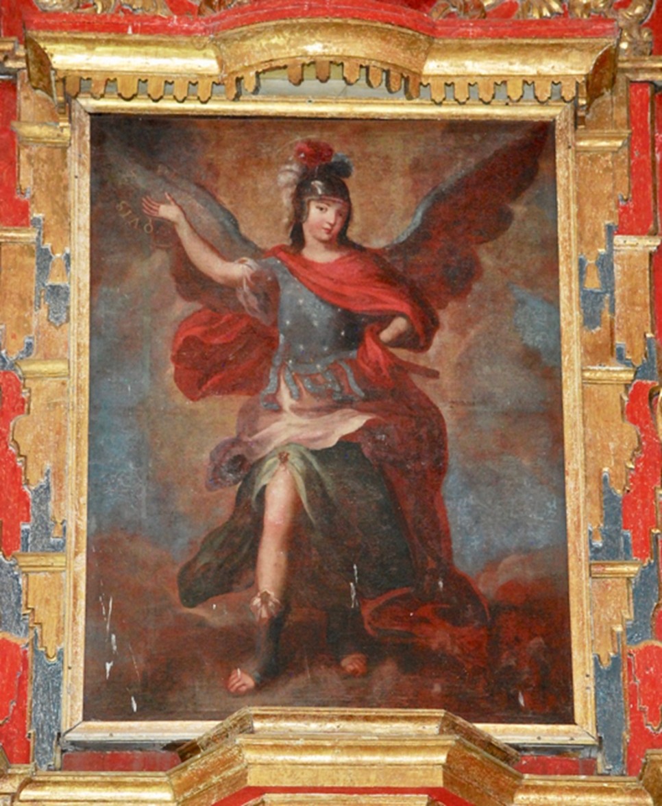 San Miguel Arcángel. Pintura al óleo, Miguel Cabrera, s. XVIII. Retablo mayor, Tecoh. 2015
