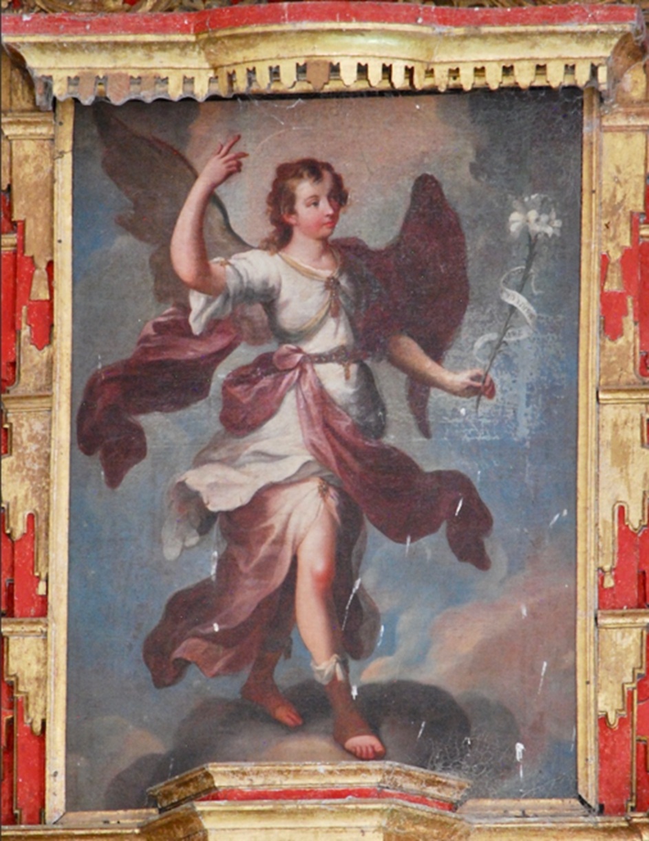 San Gabriel Arcángel. Pintura al óleo, atribuida a Miguel Cabrera, s. XVIII. Retablo mayor, Tecoh. 2015