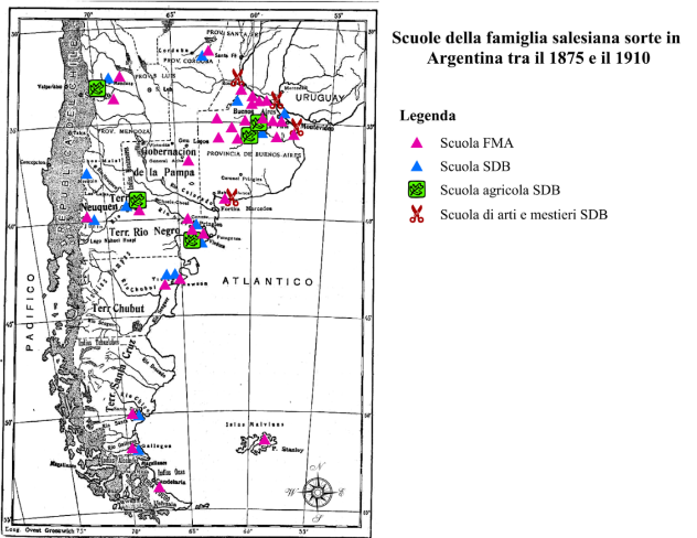 Figura 1. Mapa de las escuelas
        agrícolas
        salesianas en Argentina entre 1875 y 1910. Confección Silvia
        Omenetto.