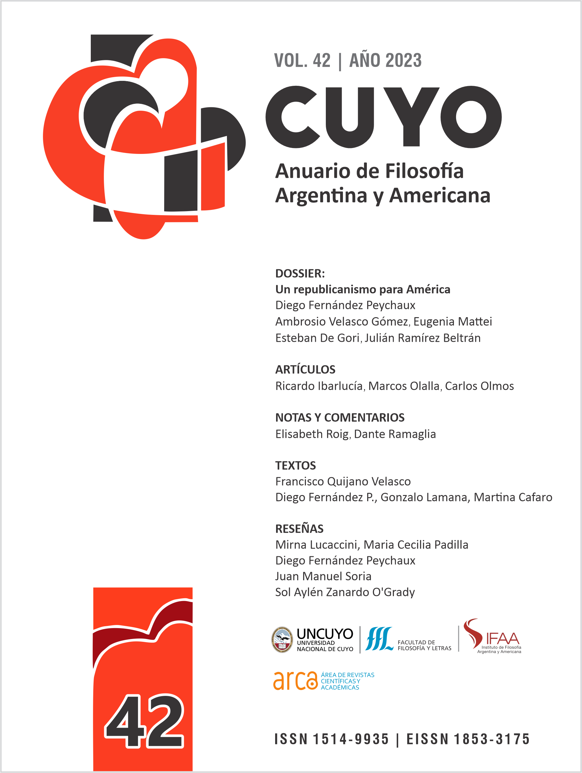 Tapa Volumen 42 de revista Cuyo. Anuario de Filosofía Argentina y Americana